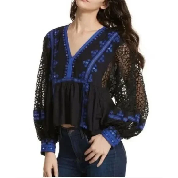 FREE PEOPLE Boogie All Night Peasant Blouse In Black S NWOT - Picture 5 of 13